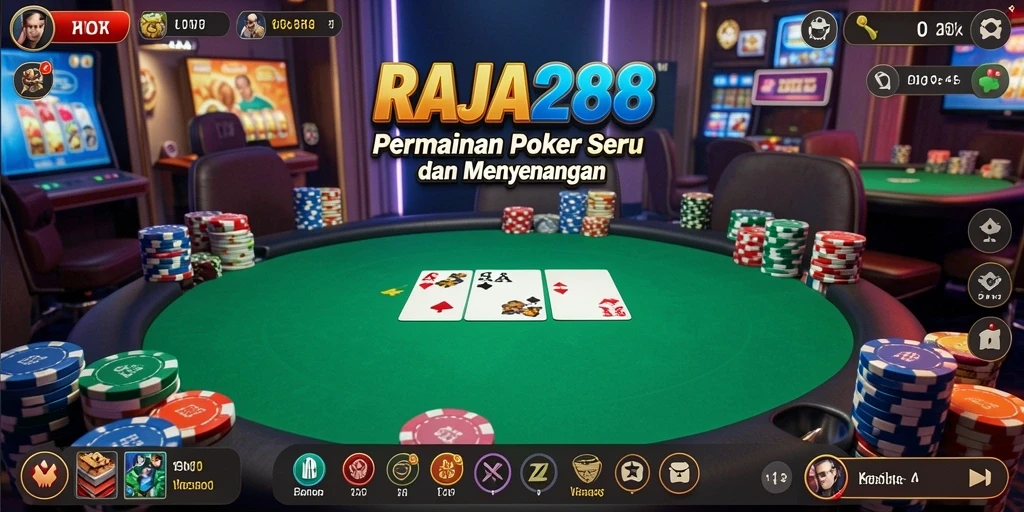 Tampilan gameplay RAJA288 dengan suasana meja Poker yang dinamis.