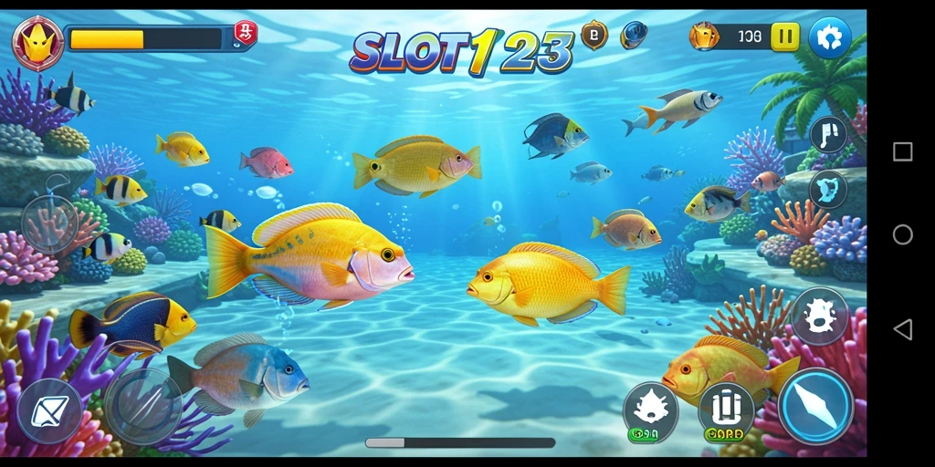 Screenshot menunjukkan aksi seru menangkap ikan di SLOT123.